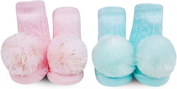 WADDLE Baby Pom Pom Rattle Socks : Light Pink & Teal (2 Pack/ 0-12 Mo.) 100570