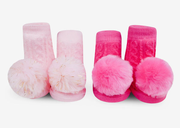 WADDLE Baby Pom Pom Rattle Socks : Light Pink & Pink (2 Pack/ 0-12 Mo.) 100569